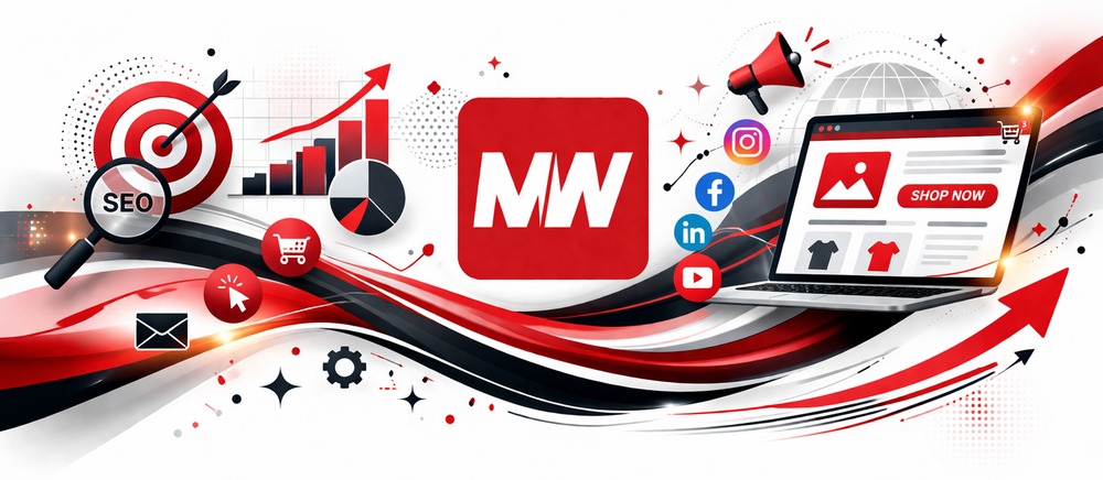 Promotional graphic with 'MW' logo, various icons, and a shopping cart on a white background